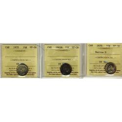 1870 10¢, 1903H & 1935 ICCS VF30.  Lot of 3 coins.