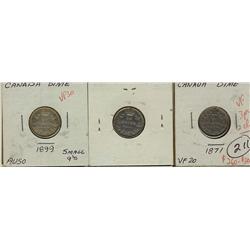 1871, 1888, 1899 Sm9's 10¢, all 3 pieces VF but two are cleaned.