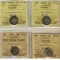 1874H 10¢ VF20, 1890H VF20, 1902H & 1913 BL EF40.  Lot of 4 ICCS coins all designated with problems.