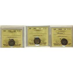 1880H 10¢ Obv 1, 1902, 1915 ICCS F15.  Lot of 3 coins.