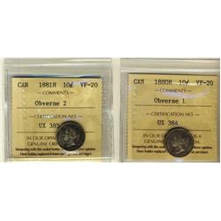 1880H Obv 1 & 1881H Obv 2 ICCS VF20.  Lot of 2 coins.