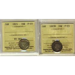 1883H & 1915 10¢ ICCS F15.  Lot of 2 coins.