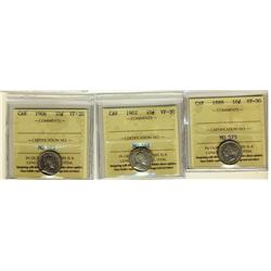 1888 10¢, 1902 & 1906 ICCS VF30.  Lot of 3 coins.