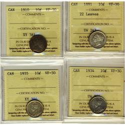 1891 10¢ 22 Lvs, 1910, 1934 & 1935 ICCS VF30.  Lot of 4 coins.