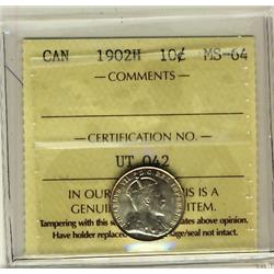 1902H 10¢ ICCS MS64.  Superb lustre.