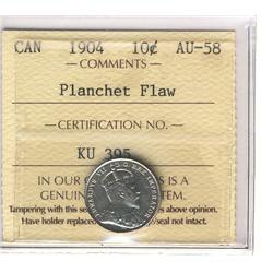1904 10¢ ICCS AU58.  Designated with planchet flaw.  Should be viewed.