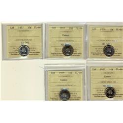 1956 10¢ , 1957(3) & 1959 ICCS PL66.  Lot of 5 coins some with cameo designation.
