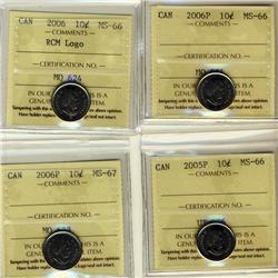 2005P 10¢, 2006P, 2006P Logo MS66 & 2006P MS67,  Lot of 4 coins all ICCS graded.