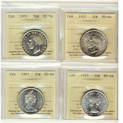1937 50¢, 1951, 1957 & 1967 ICCS MS64.  Lot of 4 coins.