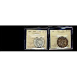 1937 & 1939 50¢ ICCS MS63.  Lot of 2 coins.