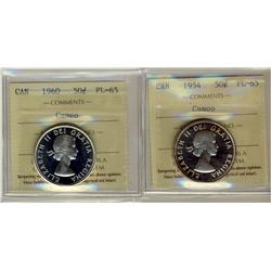 1954 & 1960 50¢ ICCS PL65 Cameo.  Lot of 2 coins.