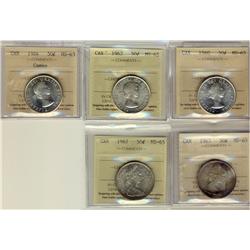 1960 50¢, 1962, 1964, 1965 & 1967 ICCS MS65.  Lot of 5 coins, 1964 Cameo.