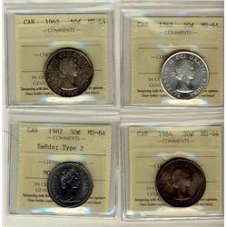 1962 50¢(2), 1964 & 1982 SmBds T.2 ICCS MS64.  Lot of 4 coins.