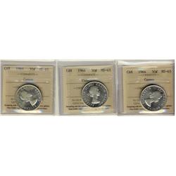 1964 50¢ ICCS MS65 Cameo.  Lot of 3 coins all full white.
