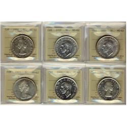 1937(2) $1, 1946, 1954(2) & 1965 T.5 ICCS MS62. Lot of 6 coins.