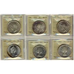 1937 $1, 1939, 1952, 1962, 1963 & 1967 ICCS MS64.  Lot of 6 coins.
