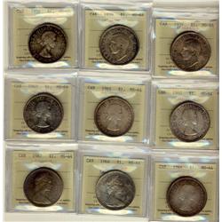 1937 $1, 1939, 1958, 1960, 1961, 1963, 1964, 1966 & 1967 ICCS MS64.  Lot of 9 coins.