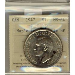 1947 $1 ML Dbl HP ICCS MS64.  Designated as lacquered.
