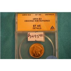 1854 3 Dollar Piece EF-45 Details ANACS Graded