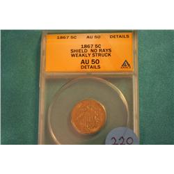 1867 Shield Nickel (AU-50) ANACS Graded