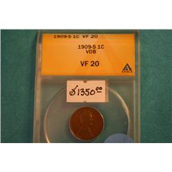 1909-S Lincoln Cent VDB (VF-20)ANACS Graded