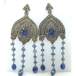 Victorian Silver On 14K Gold Sapphire Diamond Earrings
