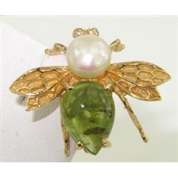 14K Yellow Gold Peridot & Pearl Pin