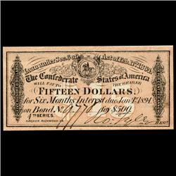 1864 Confederate $15 Bond Coupon RARE Hi Grade (CUR-06004)