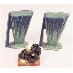 A pair of Art Deco Bretby green and blue...