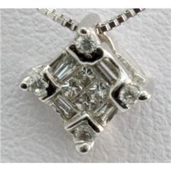 Genuine 0.14ctw Round, Square and Baguette Cut Diamond Square Pendant 18k White Gold, 0.60g