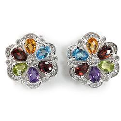 Genuine 5.62 Ctw Multiple Saphire Flower Earring 14K White Gold 7.82G