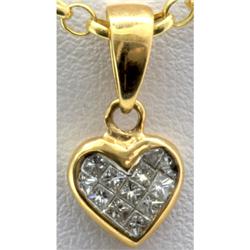 Genuine 0.22ctw Square Cut Diamond Invisible Heart Pendant 18k Yellow Gold, 1.10g