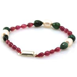 Natural Ruby, Emerald Teardrop Bracelet and Pearl 59.91ctw brass clasp