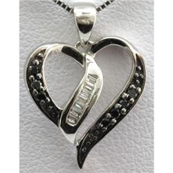 Genuine 0.10ctw Baguette and Black Round Diamond Heart Pendant 10k White Gold, 1.27g