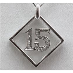 Genuine 0.07ctw Round Cut Diamond #15 Pendant inside Square 10k White Gold, 2.34g