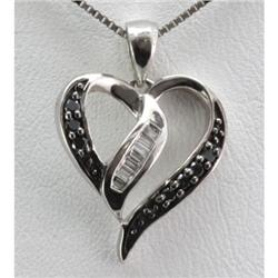Genuine 0.12ctw Baguette and Black Round Diamond Heart Pendant 18k White Gold, 1.59g