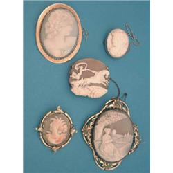 A group of 5 Victorian and later shell cameo...