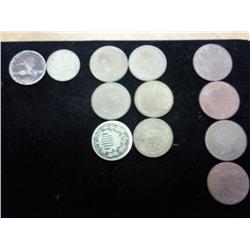ASSORTED OF 12 US COINS 6-SHIELD NICKELS A 3 CENT