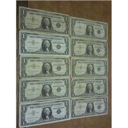 10 ASSORTED 1957 $1 SILVER CERTIFICATES