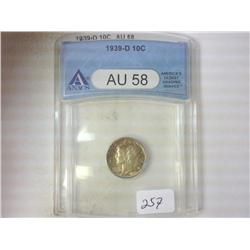 1939-D MERCURY DIME ANACS AU58