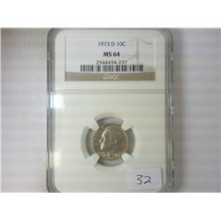 1973-D ROOSEVELT DIME NGC MS64