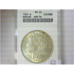 1921 MORGAN SILVER DOLLAR ANACS MS62 VAM-3A
