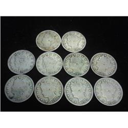 10 ASSORTED LIBERTY "V" NICKELS (ALL VG'S)