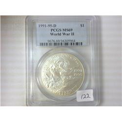 1991-95-D WWII SILVER DOLLAR PCGS MS69