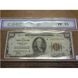 1929 $100 NATIONAL CURRENCY KANSAS CITY SCG VF35