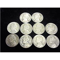 10 35% SILVER JEFFERSON WAR NICKELS ..5626 OZ. ASW