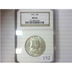 1962 FRANKLIN HALF DOLLAR NGC MS64