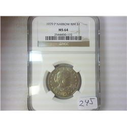 1979-P NARROW RIM SBA DOLLAR NGC MS64