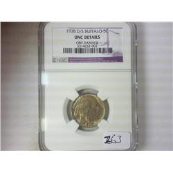 1938-D/S BUFFALO NICKEL NGC UNC DETAILS OBV DAMAGE