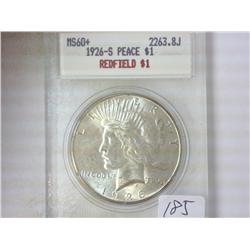 1926-S REDFIELD PEACE SILVER $ MS60+